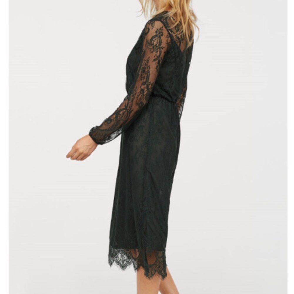 NWT H&M Dark Green Lace Long Sleeve Midi Dress Size 6 Whimsigoth Witchy Ethereal - Picture 9 of 9